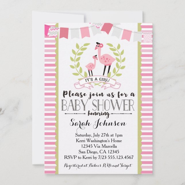 Invitation Baby shower fille Flamant rose (Devant)