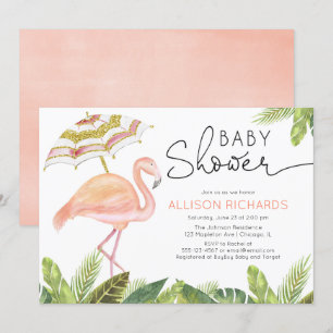 Invitation baby shower fille Flamant rose or rose