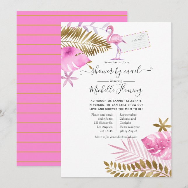 Invitation Baby shower fille Flamant rose rose et or par cour (Devant / Derrière)