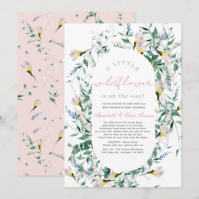 Invitation Baby shower fille fleur sauvage aquarelle par cour (Devant / Derrière)
