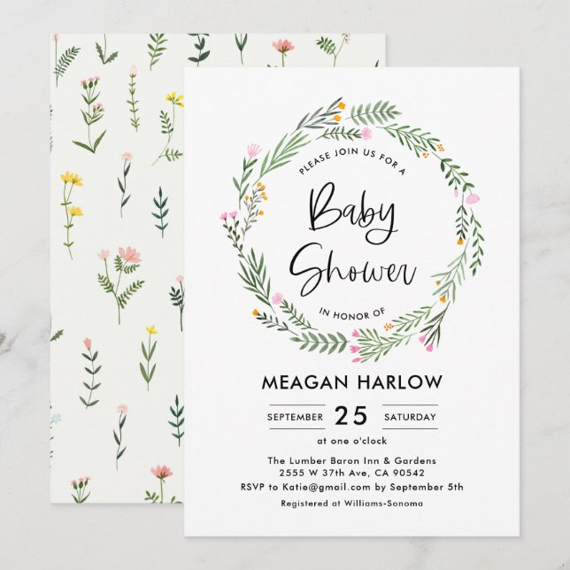Invitation Baby shower fille Fleur sauvage de jard (Devant / Derrière)