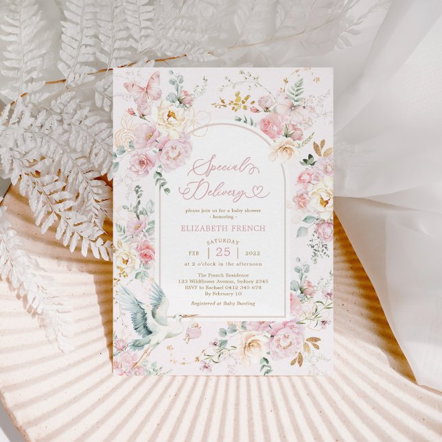 Invitation Baby shower fille Fleur sauvage de la cigogne rose (Créateur téléchargé)