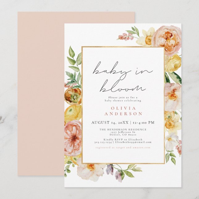 Invitation Baby shower fille Fleur sauvage de pêche et de cha (Devant / Derrière)