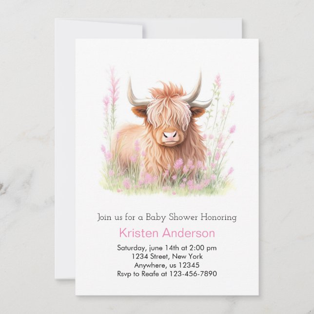 Invitation Baby shower fille Fleur sauvage de vache Rose Cute (Devant)