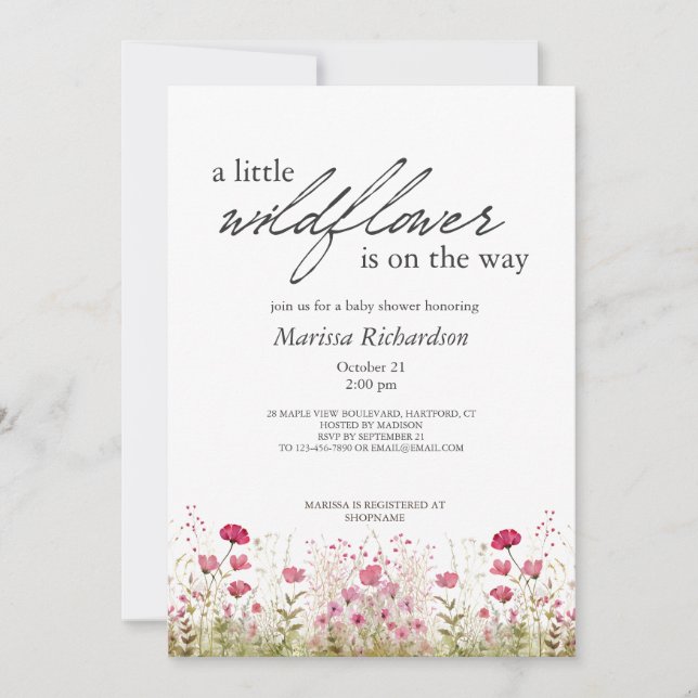Invitation Baby shower fille Fleur sauvage rose (Devant)