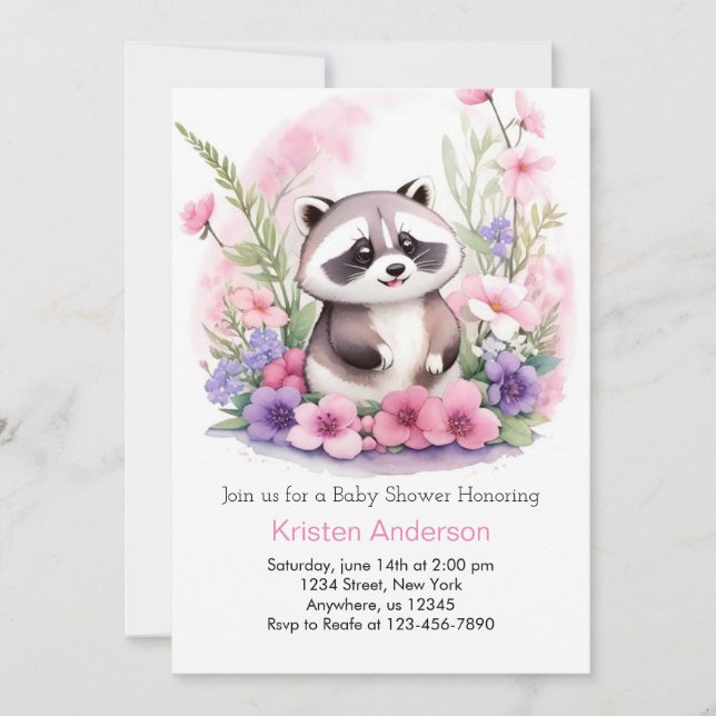 Invitation Baby shower fille Fleur sauvage rose Raccoon (Devant)