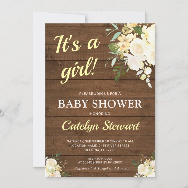 Invitation Baby Shower Fille Fleurs Blanches sur Fond Bois Ru (Devant)