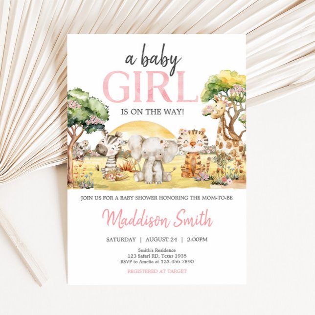 Invitation Baby shower Fille Floral Jungle Safari Animaux (Girl Safari Animals Baby Shower Invitation)