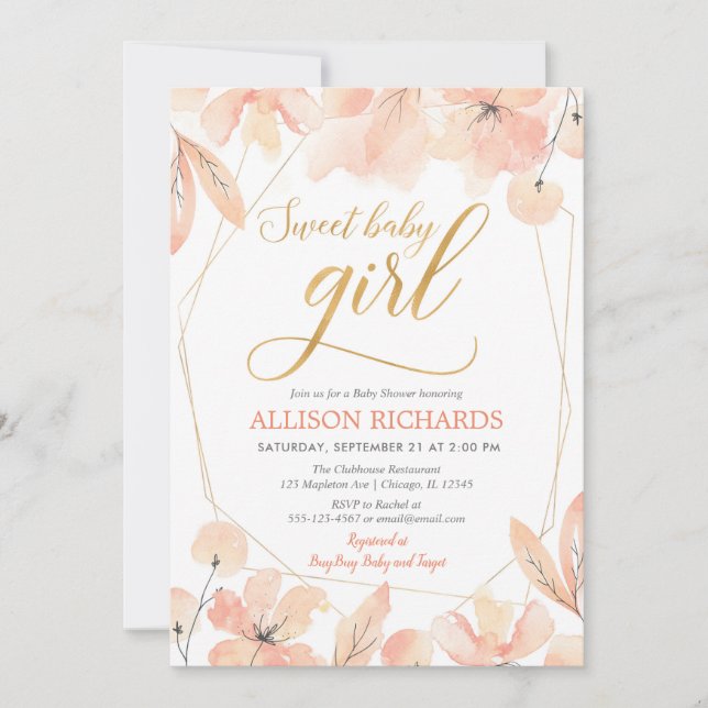 Invitation Baby shower fille floral or rose pâle (Devant)