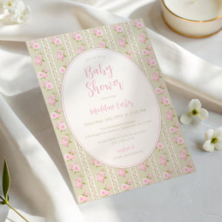 Invitation Baby Shower Fille Floral Vintage Vert Sauge