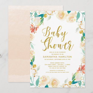 Invitation Baby Shower Fille Florale Abricot Pailleté Or