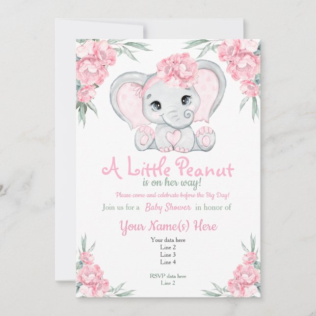 Invitation Baby shower Fille Florale Rose Elephant (Devant)