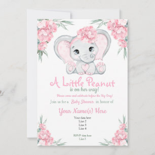 Invitation Baby shower Fille Florale Rose Elephant