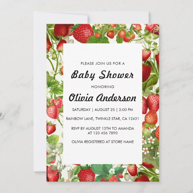 Invitation Baby shower Fille fraise aquarelle (Devant)