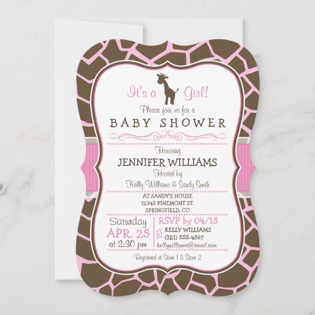 Invitation Baby shower fille Giraffe rose (Devant)