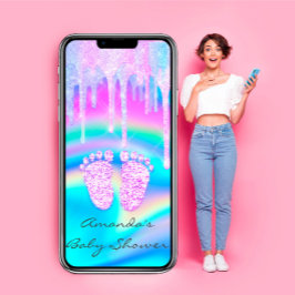 Invitation Baby shower fille goutte Unicorne Holographe Opal