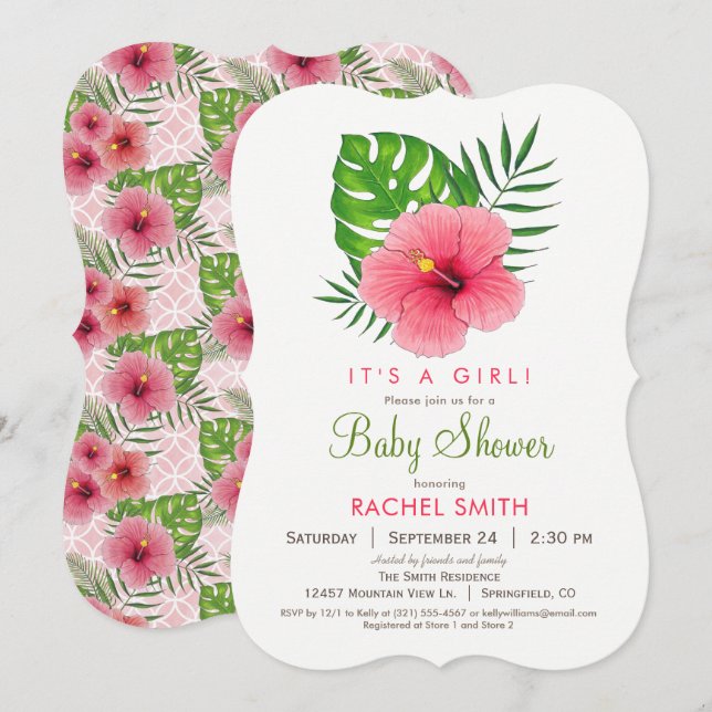 Invitation Baby shower fille Hibiscus rose (Devant / Derrière)