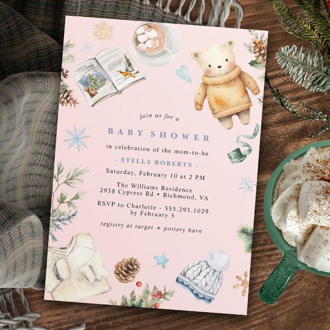 Invitation Baby Shower Fille Hiver Rose Pale Aquarelle (Créateur téléchargé)
