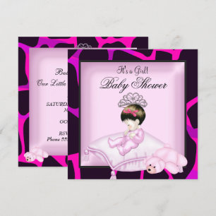 Invitation Baby shower fille Hot rose noir Tiara
