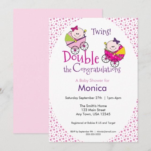 Invitation Baby shower fille jumelle (Devant / Derrière)