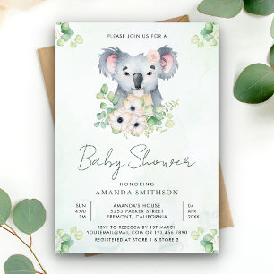 Invitation Baby Shower Fille Koala Eucalyptus Floral