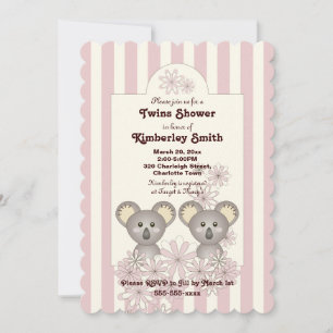 Invitation Baby shower fille Koala Twin Rose Stripe mignonne