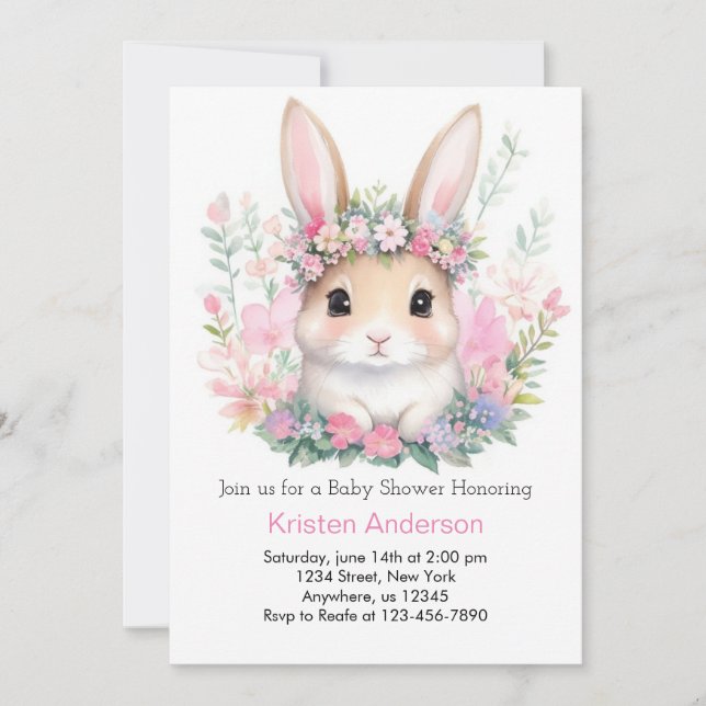 Invitation Baby shower fille lapin floral mignon (Devant)