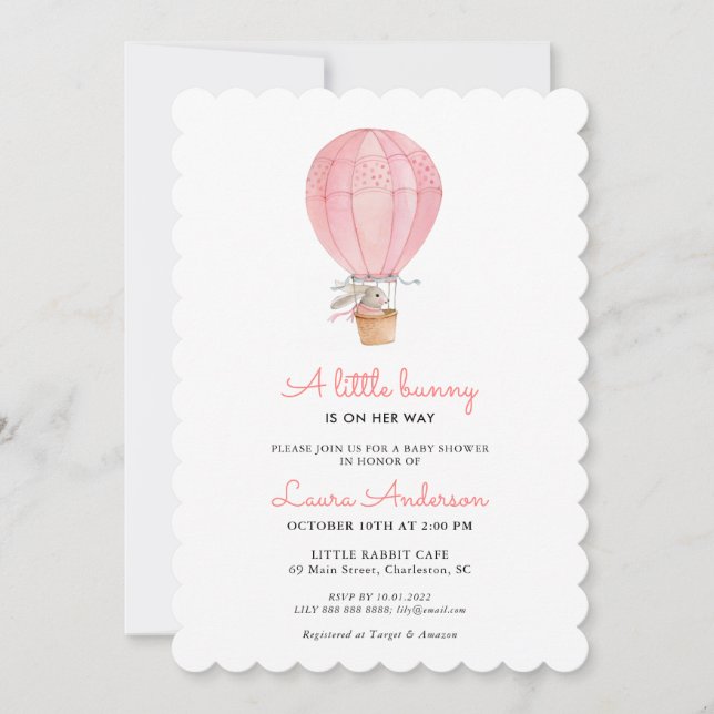 Invitation Baby shower fille lapin rose et blanc (Devant)