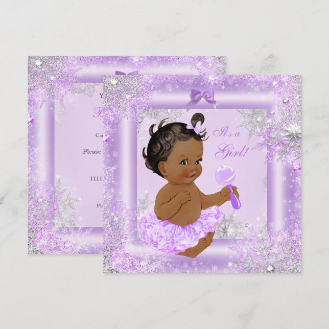 Invitation Baby shower Fille Lavande d'hiver Snowflake Ethniq (Devant / Derrière)