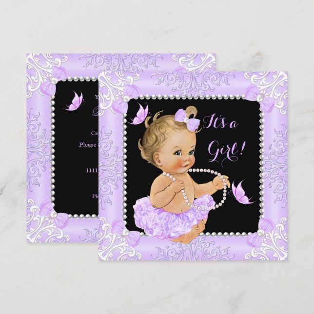 Invitation Baby shower Fille Lavande Papillon Tutu Blonde (Devant / Derrière)