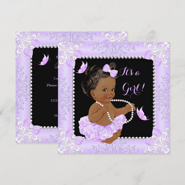 Invitation Baby shower Fille Lavande Papillon Tutu Ethnique (Devant / Derrière)