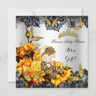 Invitation Baby Shower Fille Léopard Papillon Jaune Gris