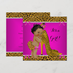 Invitation Baby Shower Fille Léopard Talon Haut Rose Ethnique