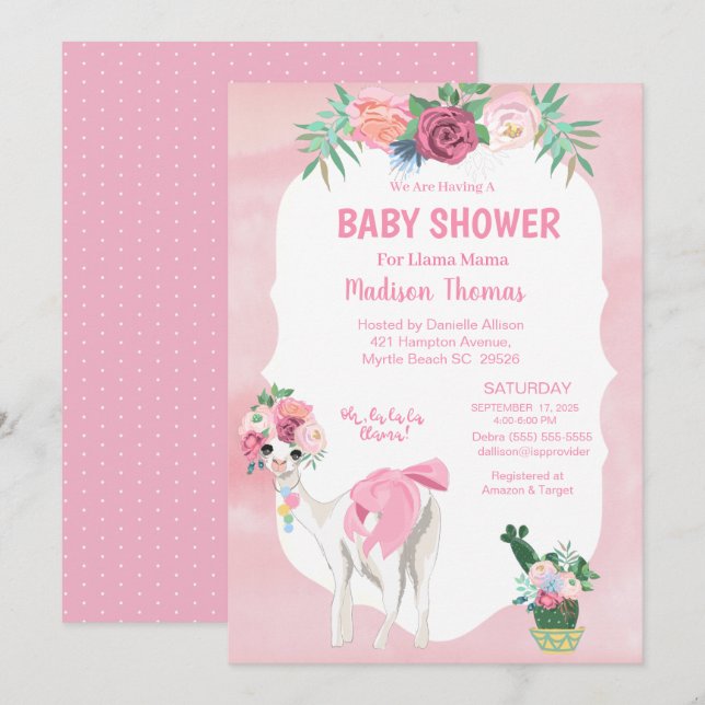 Invitation Baby shower Fille Llama Mama Alpaca Rose Floral (Devant / Derrière)