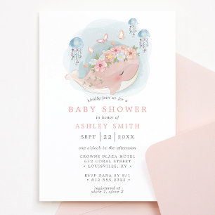 Invitation Baby Shower Fille Méduse Baleine Rose Nautique