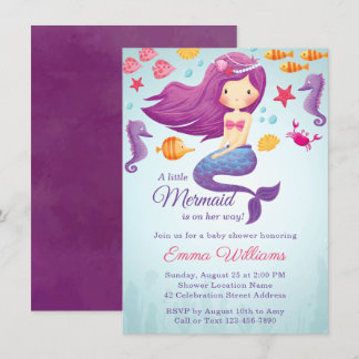 Invitation Baby shower fille mignonne sirène - vio
