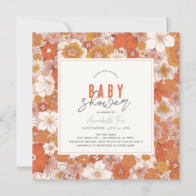 Invitation Baby shower Fille Orange Super rétro (Devant)