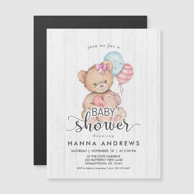 Invitation Baby shower fille ours en bois blanc (Devant / Derrière)