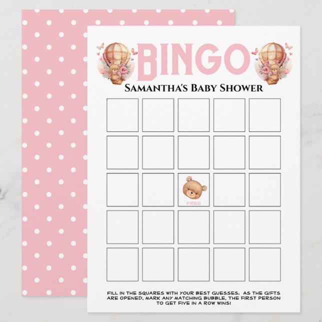 Invitation  Baby Shower Fille Ourson Ballon Rose Bingo  (Devant / Derrière)