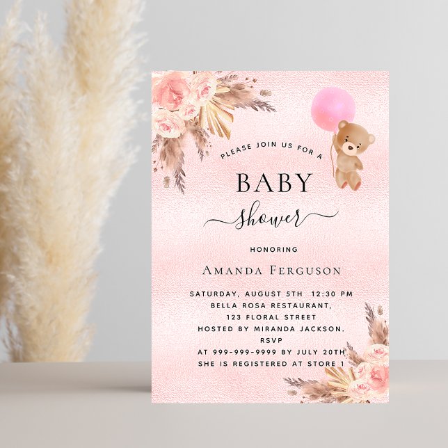 Invitation Baby shower fille pampas herbe peluche ours rose (Créateur téléchargé)