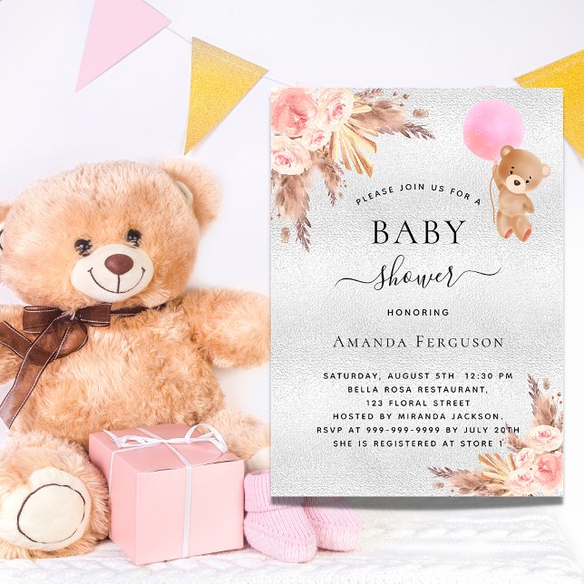 Invitation Baby shower fille pampas herbe teddy argent luxe (Créateur téléchargé)