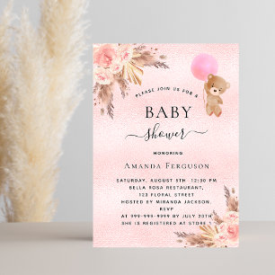 Invitation Baby shower fille pampas teddy ours luxe rose