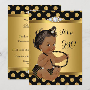 Invitation Baby Shower Fille Papier D'or Perles Noires Ethniq