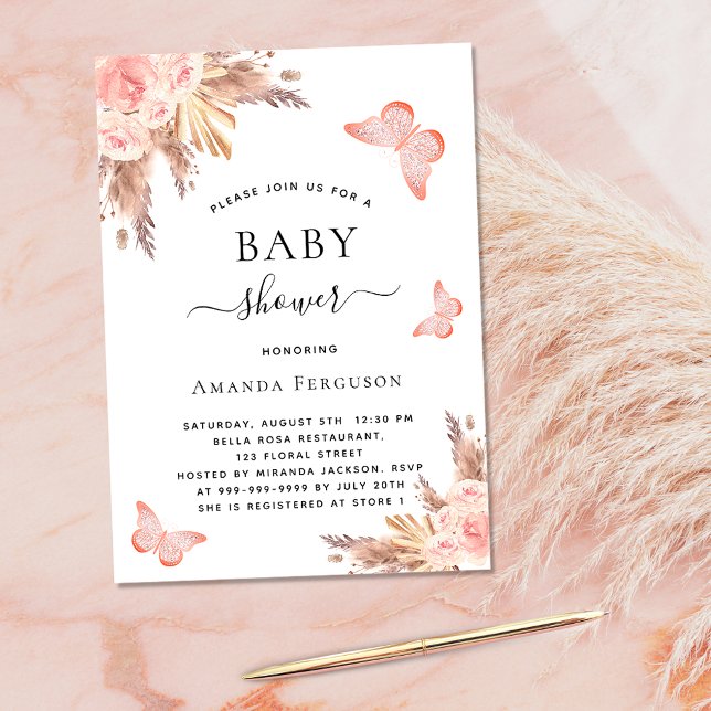 Invitation Baby shower fille papillon pampas rose or luxe (Créateur téléchargé)