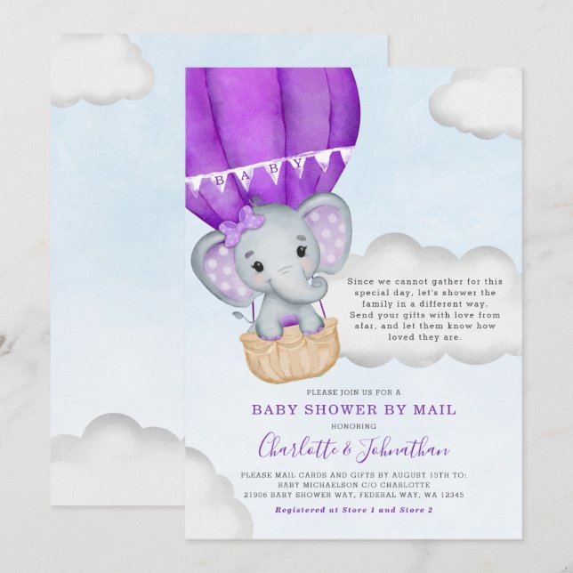 Invitation Baby shower Fille Par Mail Elephant Purple (Devant / Derrière)
