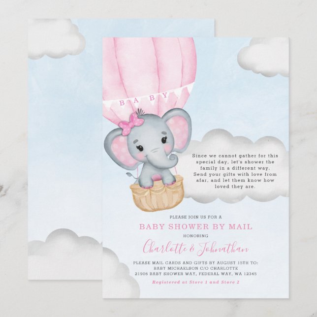 Invitation Baby shower Fille Par Mail Pink Elephant (Devant / Derrière)