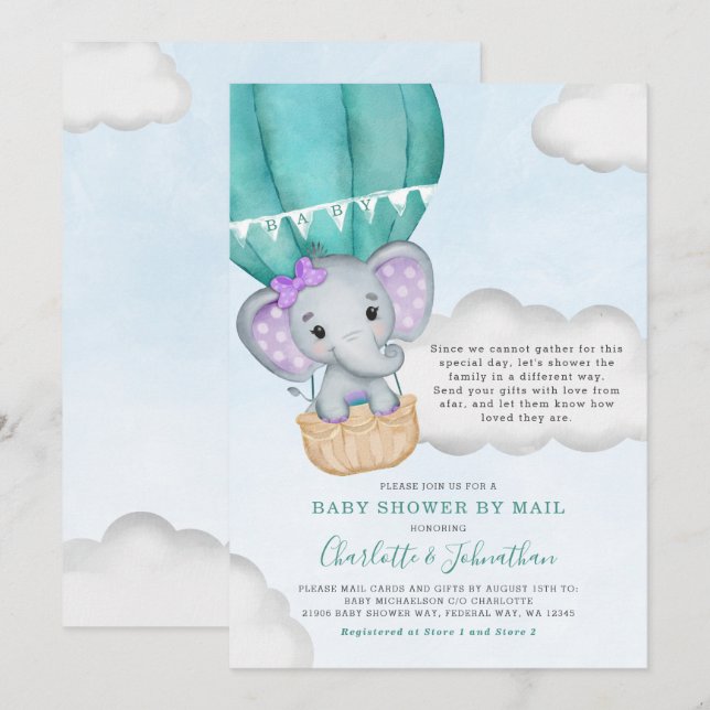 Invitation Baby shower Fille Par Mail Purple Elephant (Devant / Derrière)