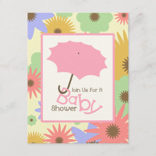 Invitation Baby shower fille - Parapluie rose et fleurs paste