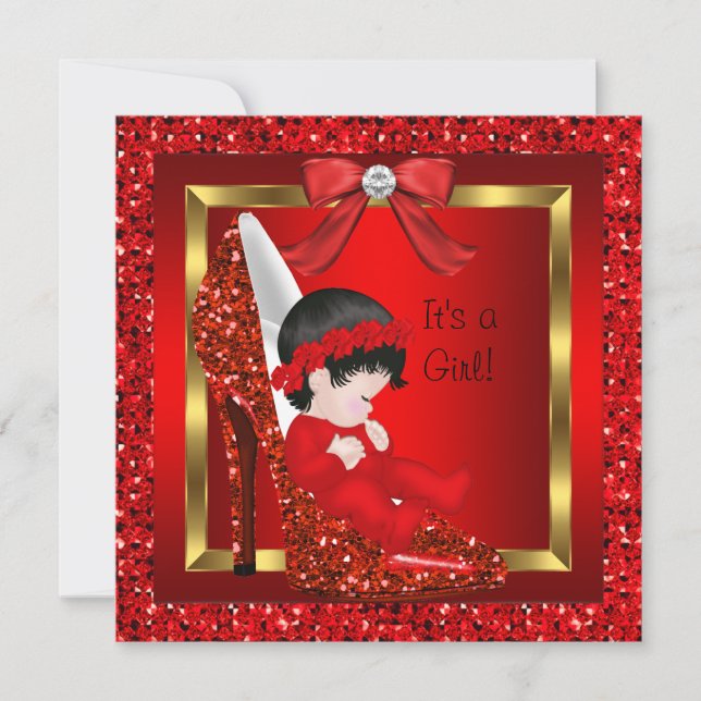 Invitation Baby shower fille Parties scintillant rouge Chauss (Devant)