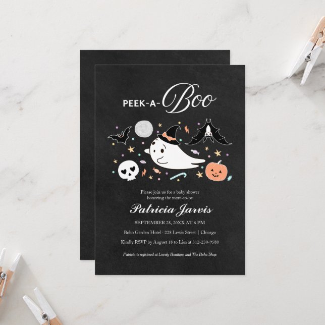 Invitation Baby shower fille Peek-A-Boo Halloween (Devant/Arrière en situation)
